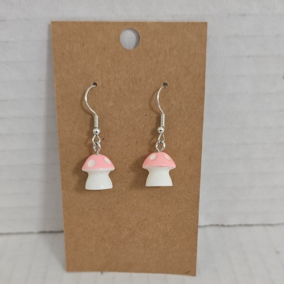 Handmade Pink and White Mushroom Earrings - Picture 1 of 13